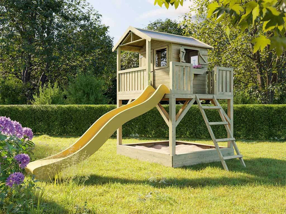 Playhouse, tour de jeu, Stelzenhaus `` Laugh XXL '' avec Sandpit et Slide Yellow, 201x188x303cm (BXTXH)