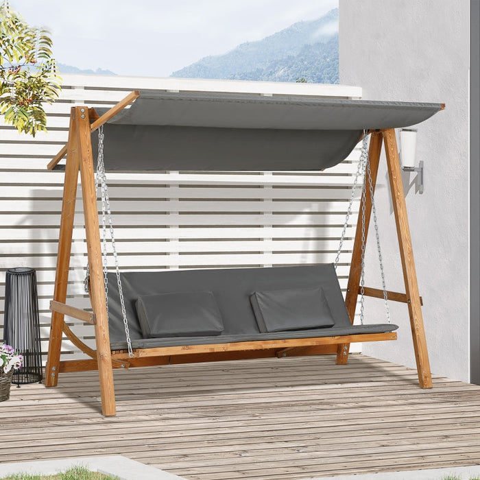 Hollywoodschaukel mit Bettfunktion 3-Sitzer Gartenschaukel mit Dach Hollywoodliege Gartenliege Kiefernholz Polyester Grau+Teak, 225,5x113x180cm