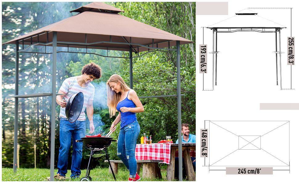 Grillpavillon Gartenzelt Grill Pavillon Balkonpavillon mit Ablagen Flammhemmendes Doppeldach Kaffeebraun, 245x148x252cm