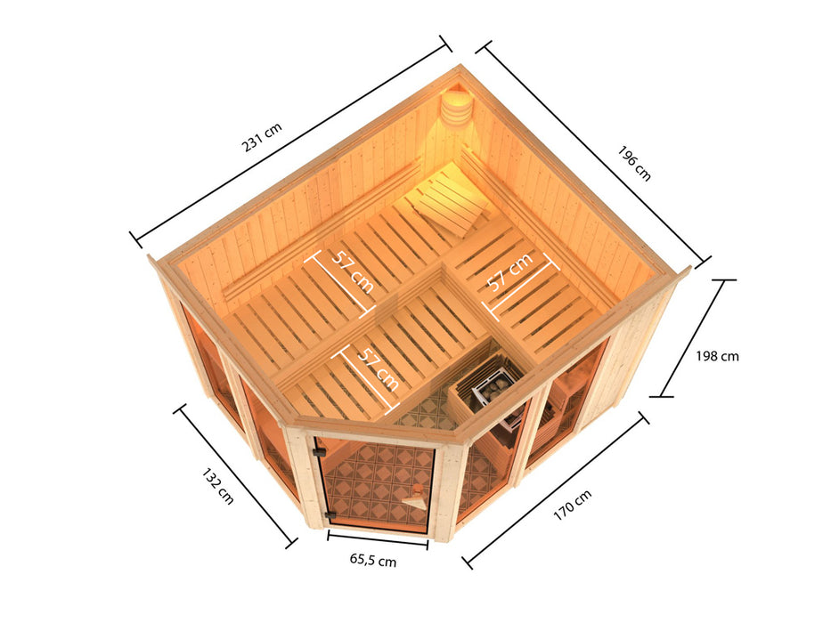 Sauna Premium Nuri - 231x196x198cm, 2-4 personnes - sauna en salle avec four 9kw