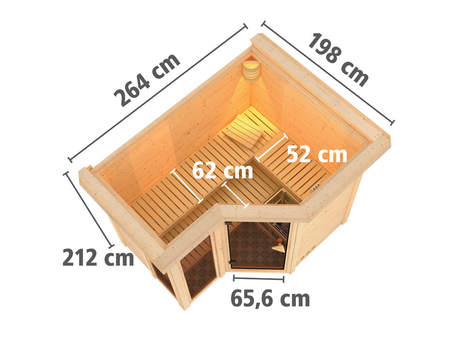 Sauna in legno massiccio sauna amara con ghirlanda del tetto - 264x198x212cm, 2-3 persone - sauna interna con forno