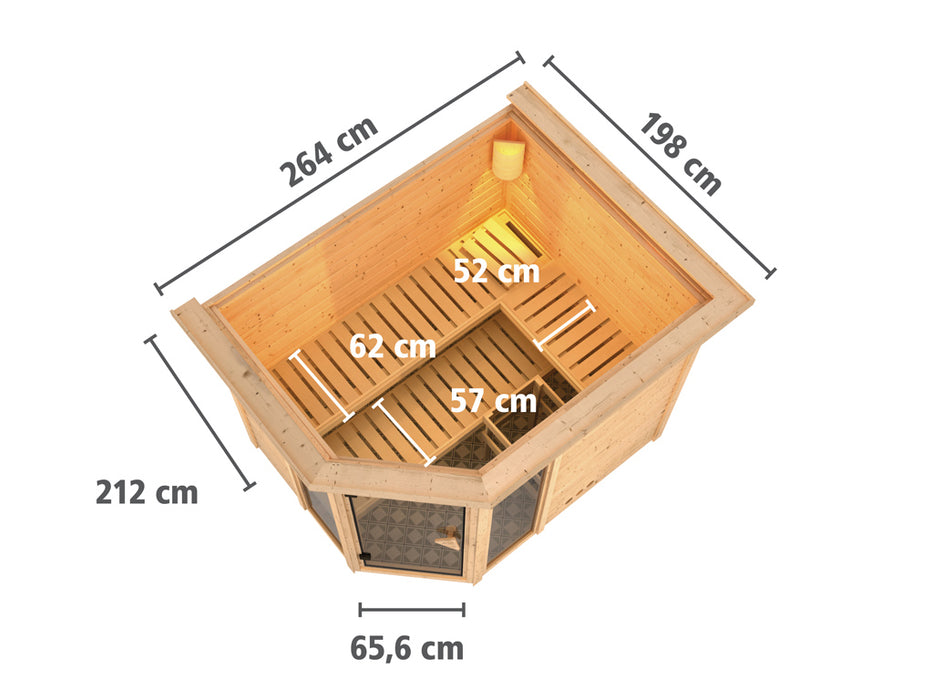 Sauna en bois massif sauna sinai 3 avec couronne de toit - 264x198x212cm, 2-3 personnes - sauna en salle avec four à 9 kW