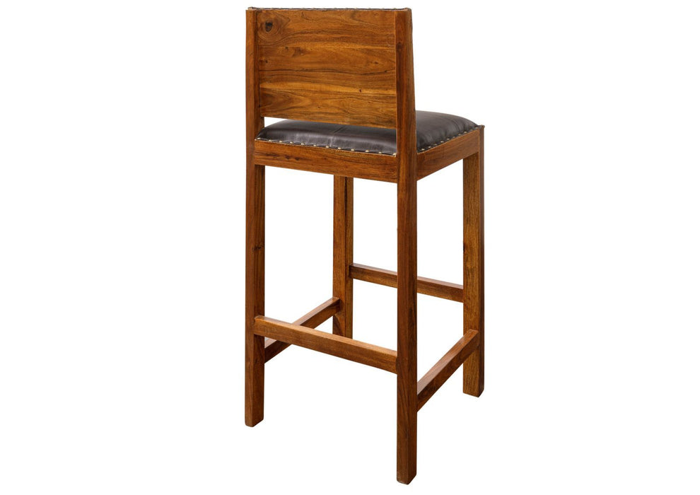 Tabouret de bar de style colonial, acacia et cuir réel 46x46x109 peint - marron clair