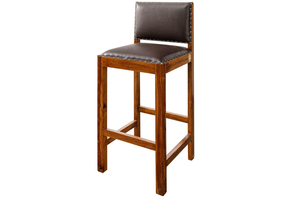 Tabouret de bar de style colonial, acacia et cuir réel 46x46x109 peint - marron clair