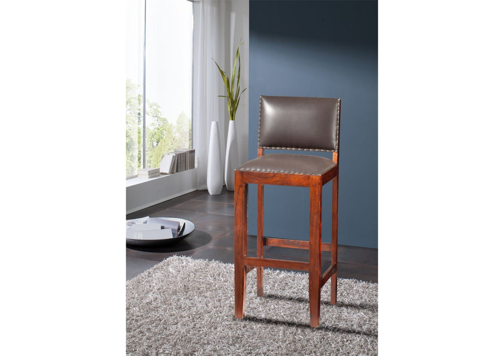 Tabouret de bar de style colonial, acacia et cuir réel 46x46x109 peint - brun foncé