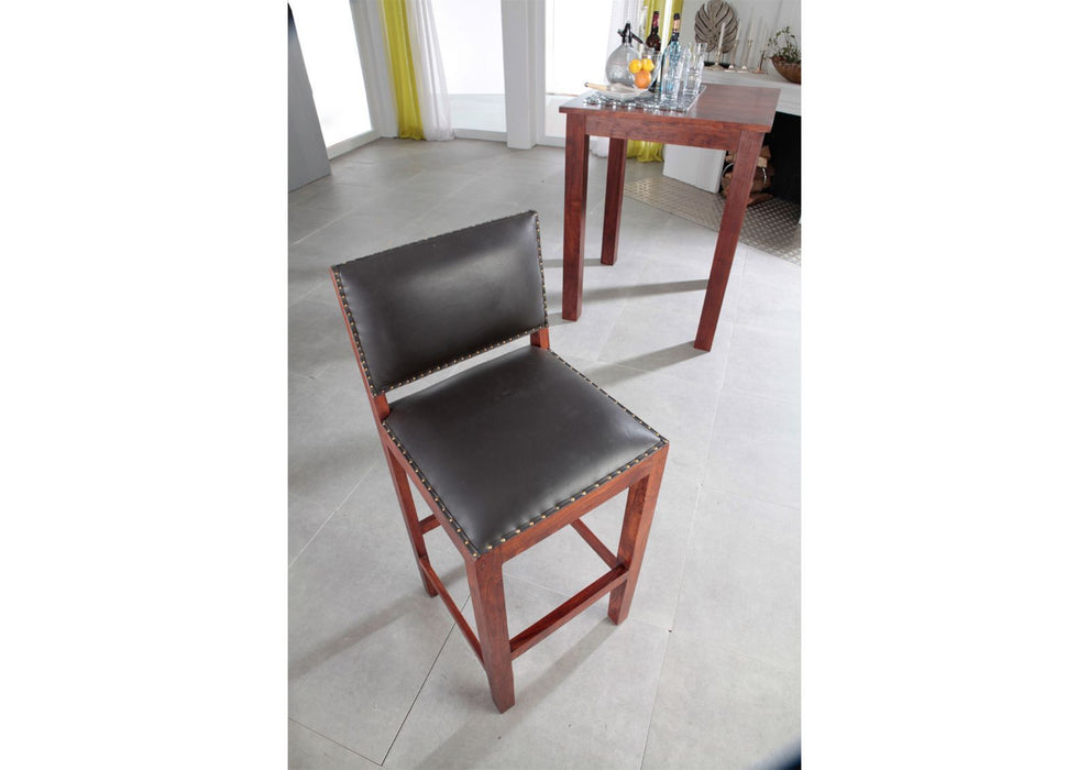 Tabouret de bar de style colonial, acacia et cuir réel 46x46x109 peint - brun foncé