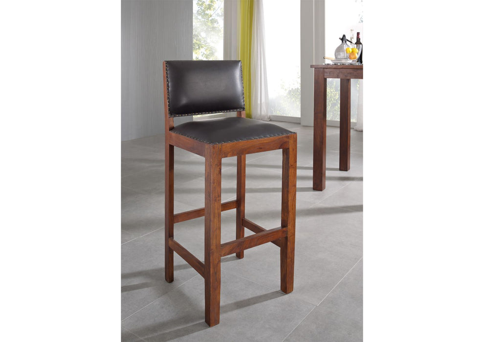 Tabouret de bar de style colonial, acacia et cuir réel 46x46x109 peint - brun foncé