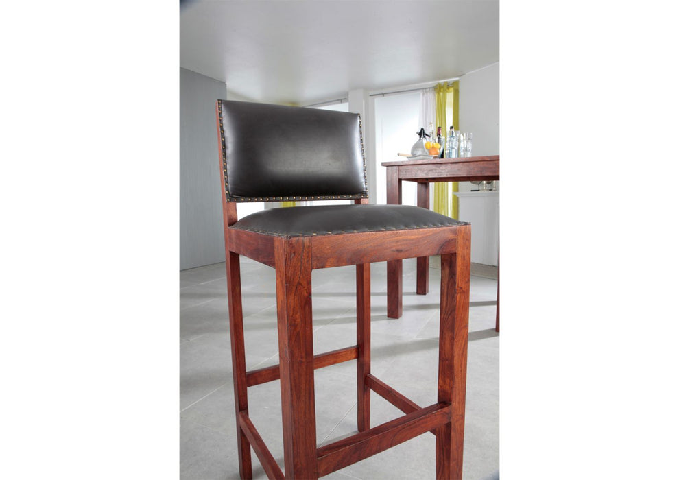 Tabouret de bar de style colonial, acacia et cuir réel 46x46x109 peint - brun foncé