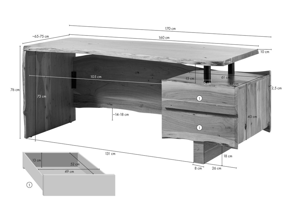 Bureau Acacia 170x70x76 Nature peinte acacia pure