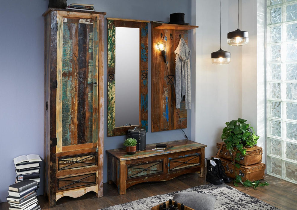 Garderobe komplett Vintage mehrfarbig Indisches Altholz lackiert NATURE OF SPIRIT