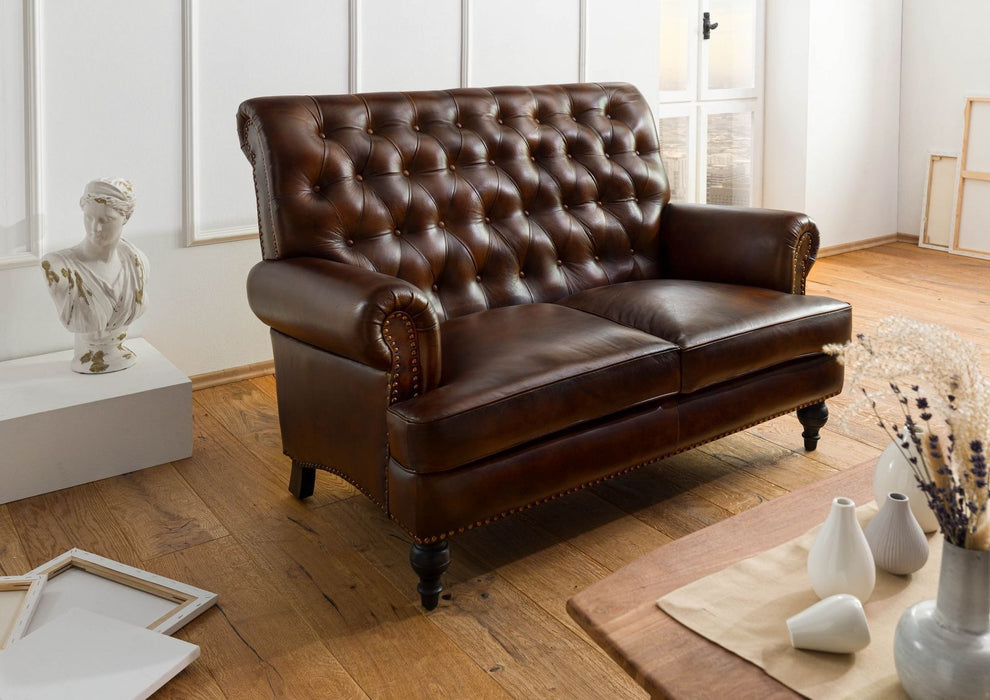 Canapé en cuir réel à 2 places 140x84x94 diverses couleurs chesterfield