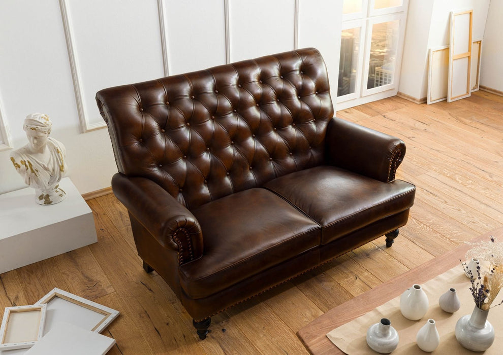 Canapé en cuir réel à 2 places 140x84x94 diverses couleurs chesterfield