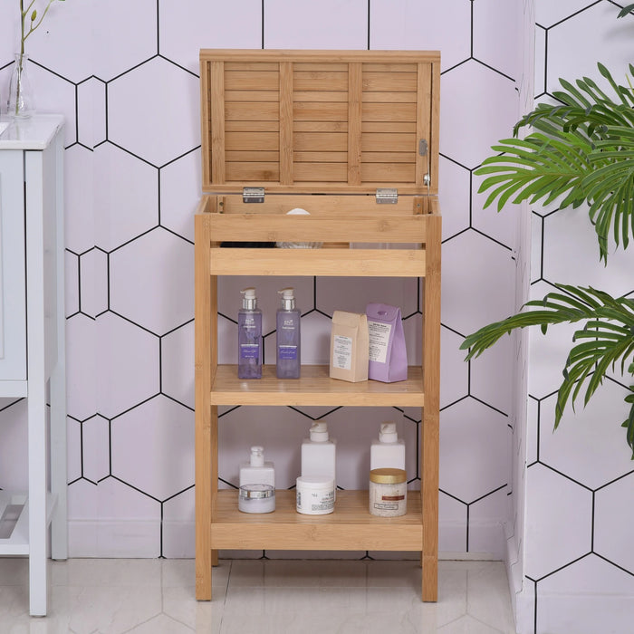 Bathroom shelf, with a hinged lid, bathroom standing shelf with 2 shelves, bamboo, nature, 46x29.5x76.5cm