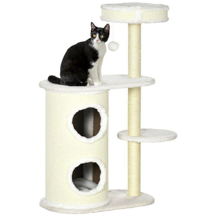 Scratching Tree avec poubelle, 1 lit de chat et jouets pour chat, blanc crème, 59x35x100cm