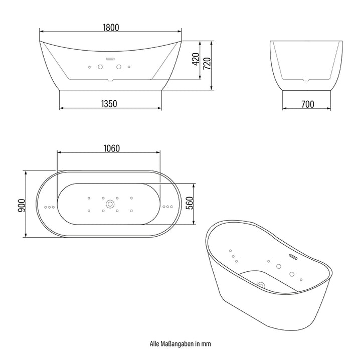 Badewanne freistehend RAVO BIG ohne Armatur - 180x90x72cm