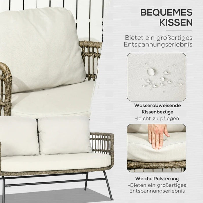 Gartenmöbel-Set für 4 Personen aus PE-Rattan, 2 Sessel, 1 Sofa, 2 Beistelltisch, Boho-Stil, Braun+Grau