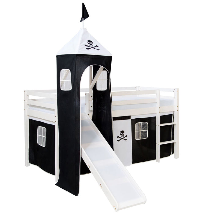 Kinderbett Hochbett Spielbett Kiefer Massiv Pirat weiss + Rutsche Turm