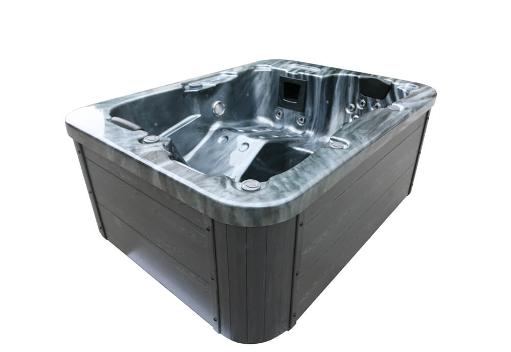 Whirlpool Black Pearl en plein air, 27 jets de massage, éclairage, escaliers et couverture thermique, 3 personnes