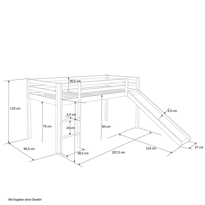 Hochbett Spielbett Kinderbett mit Lattenrost & Matratze + Leiter Rutsche Holz Massiv, Weiss - 90x200cm