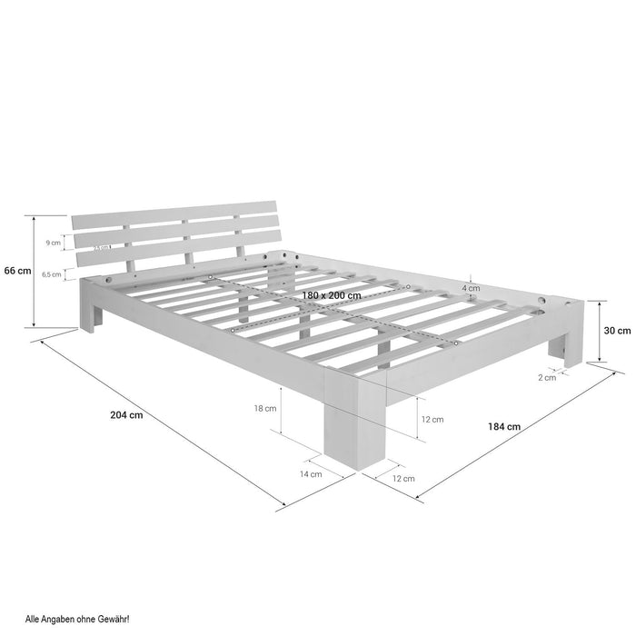 Doppelbett - weiss, 180 x 200 cm - Massivholz Bettgestell Holzbett Futonbett