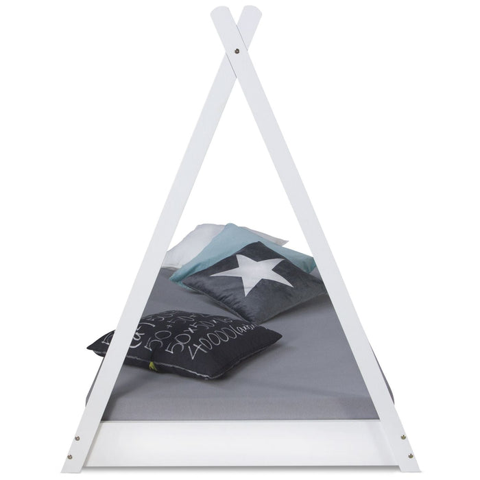 Kinderbett mit Matratze TIPI - Jugendbett weiss grau Holzbett Kinderzimmer Stoff Bettkasten, 90x200 cm