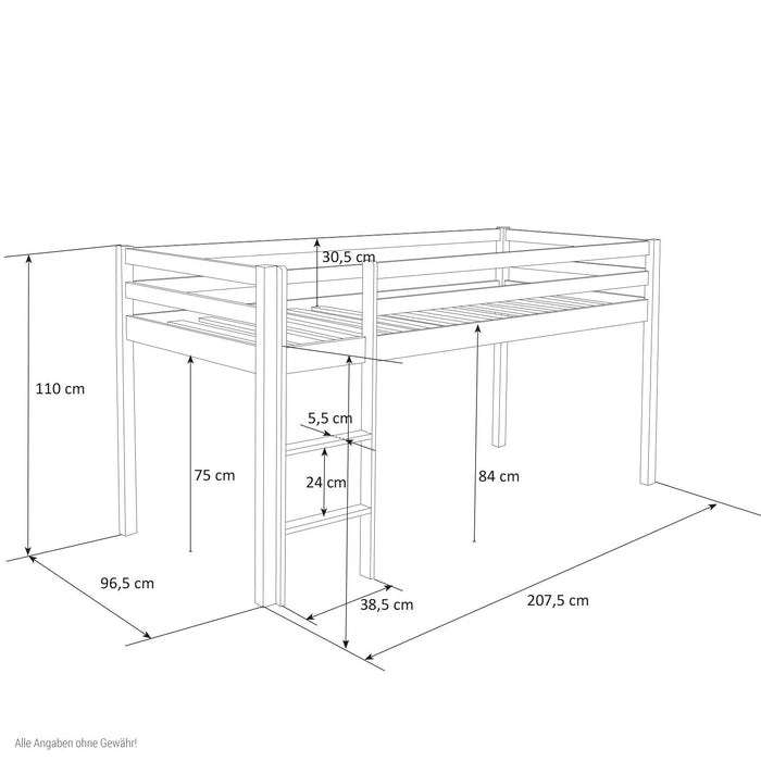 Hochbett Spielbett Kinderbett mit Lattenrost & Matratze + Leiter Holz Massiv, Grau - 90x200cm