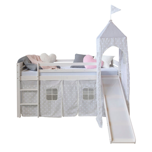 Hochbett Grau Weiss Spielbett Kinderbett Rutsche Turm Vorhang Sterne Jugendbett, 90x200 cm