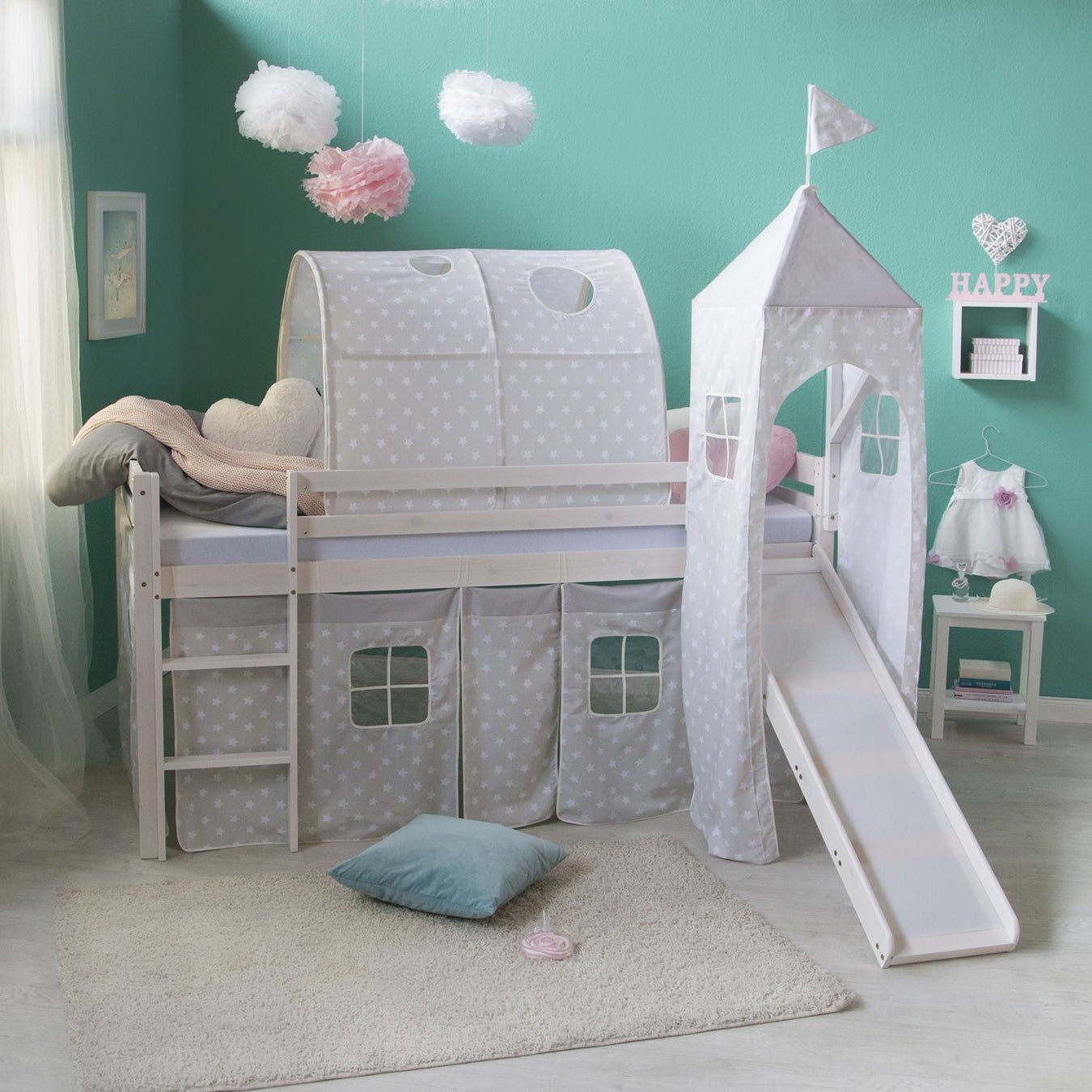 Hochbett Grau Weiss Spielbett Kinderbett Rutsche Turm Vorhang Sterne Jugendbett, 90x200 cm