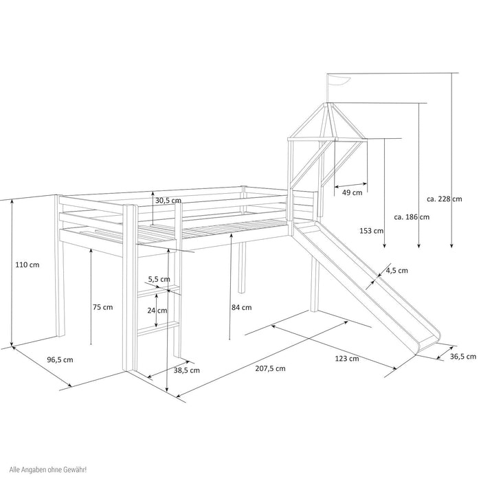 Kinderbett Hochbett Spielbett Kiefer Massiv Pirat weiss + Rutsche Turm