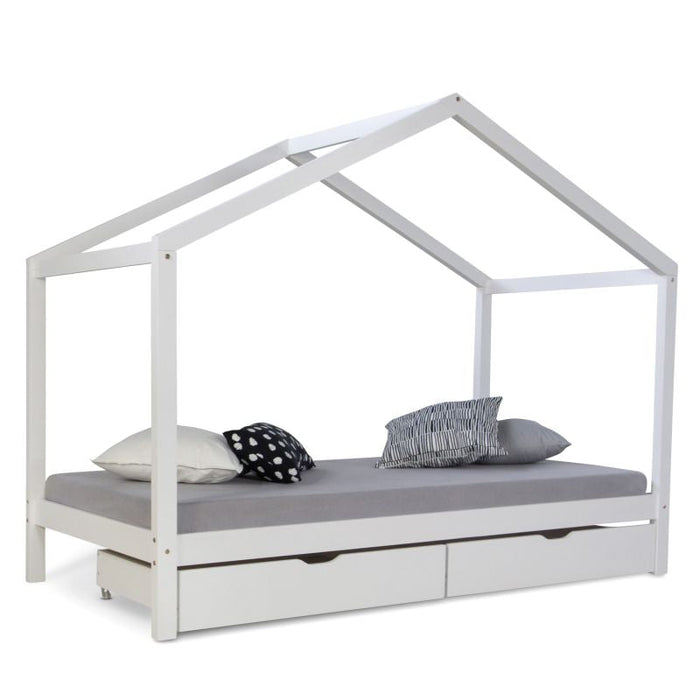 Kinderbett Hausbett Kinderhaus Spielbett Holzbett Bettkasten Natur Weiss Grau, 90x200 cm