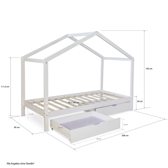 Kinderbett Hausbett Kinderhaus Spielbett Holzbett Bettkasten Natur Weiss Grau, 90x200  cm