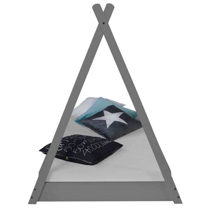 Kinderbett mit Matratze TIPI - Jugendbett grau weiss Holzbett Kinderzimmer Stoff Bettkasten, 90x200 cm