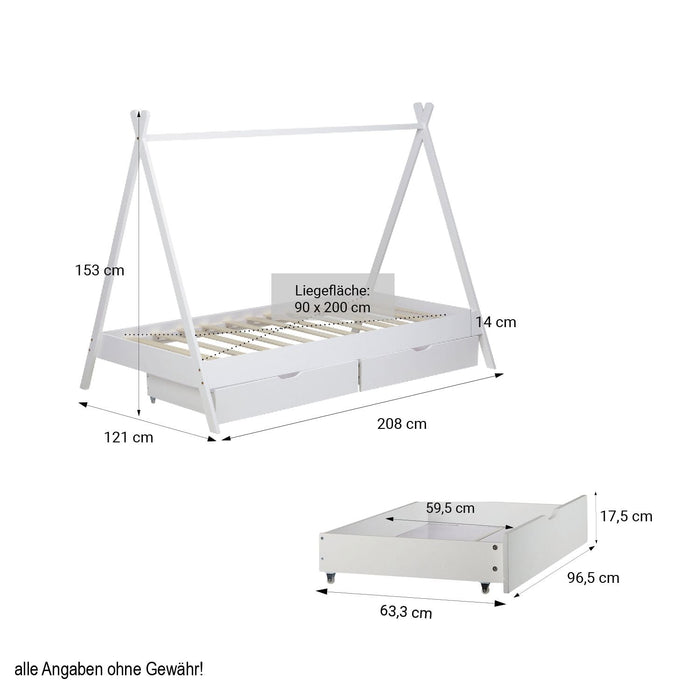 Kinderbett mit Matratze TIPI - Jugendbett weiss grau Holzbett Kinderzimmer Stoff Bettkasten, 90x200cm