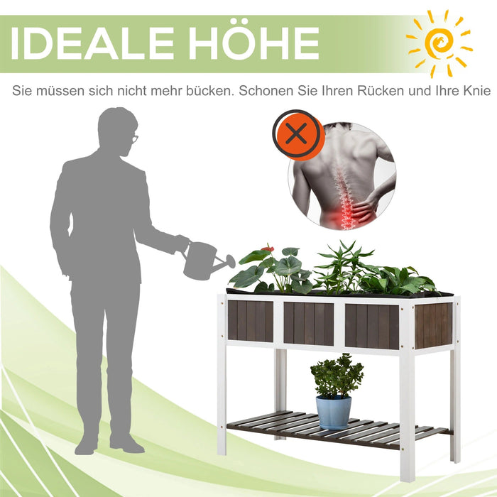 Hochbeet Pflanztisch Gartenarbeitstisch hölzerne Gartenbeete für Gemüse Blumen, Pflanzkübel mit Regal, Tanne, nicht gewebter Stoff, Weiß+Grau, 119x57x89cm