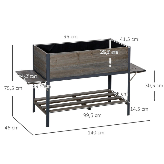 Hochbeet Pflanzkasten mit 2 faltbaren Ablagen unterer Ablagefläche Blumenkasten Blumentopf Kräuterbeet Massivholz Hellgrau, 140x46x75,5cm