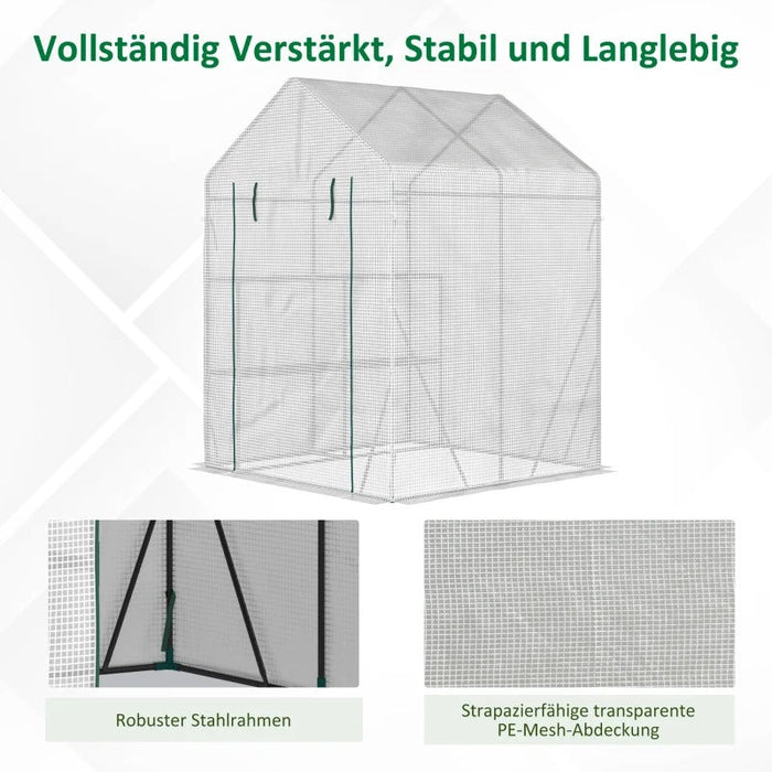 Foliengewächshaus begehbares Gewächshaus mit 4 Regalebenen Tomatengewächshaus Treibhaus Frühbeet mit Reissverschlusstüren Weiss Stahl PE-Kunststoff 143x143x195cm