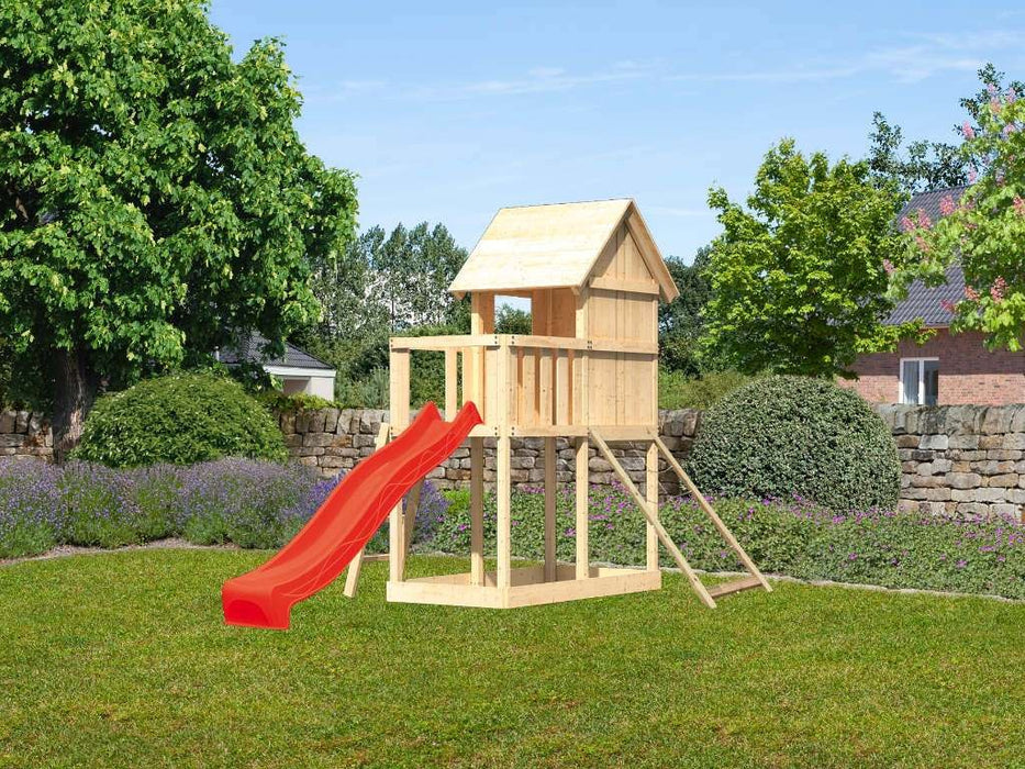 Children's Play House avec Slide Wood 'Piece' Natural Red, 107x107x291cm (bxtxh)