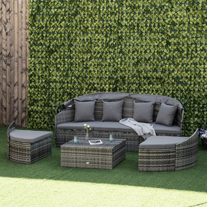 Rattan Sonneninsel 4-teilige Liegeinsel mit Sonnendach Sitzgruppe 4 Kissen Metall Grau, 230x145x80cm