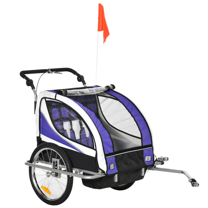 Children's bike trailer for 2 children including reflectors and flags