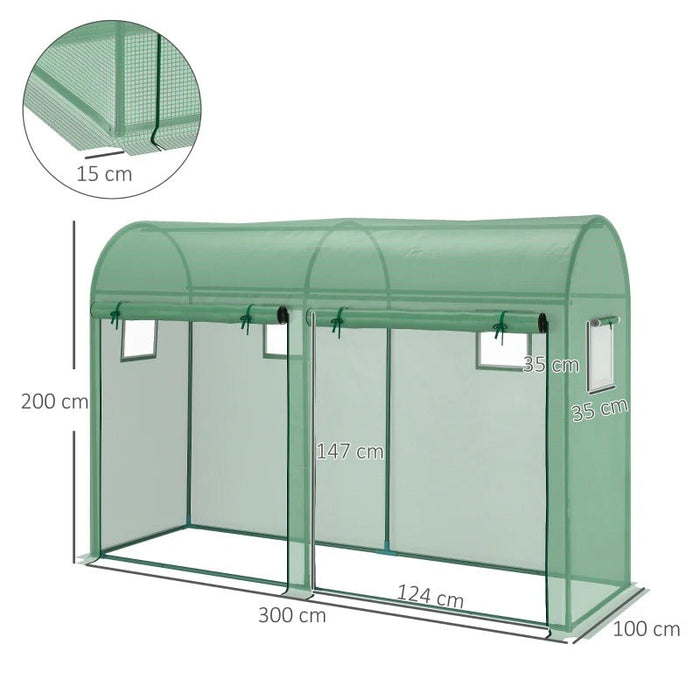 Foliengewächshaus Tomatengewächshaus Treibhaus Folientunnel Frühbeet 4 Fenster und 2 Türen Grün Stahl PE-Kunststoff 300x100x200cm