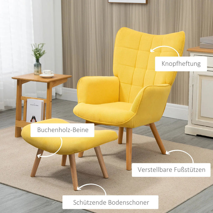 Armchair Ackent en ski Oursign, avec des ottomans, un ensemble de fauteuils, du bois de hêtre, un look de cordon, jaune