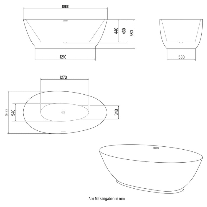 Badewanne freistehend LYDIA mit Chrom Armatur - 180x90x58cm