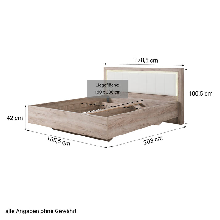 Doppelbett Holzbett Polsterbett Ehebett Bettrahmen mit Lattenrost Eiche Grau Kunstleder - Weiss, 160 x 200 cm