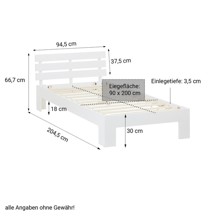 Einzelbett - weiss, 90 x 200 cm - Massivholz Bettgestell Holzbett Futonbett