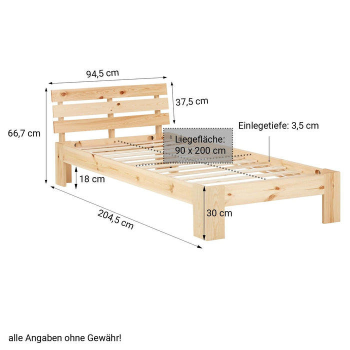 Einzelbett - natur, 90 x 200 cm - Massivholz Bettgestell  Holzbett Futonbett