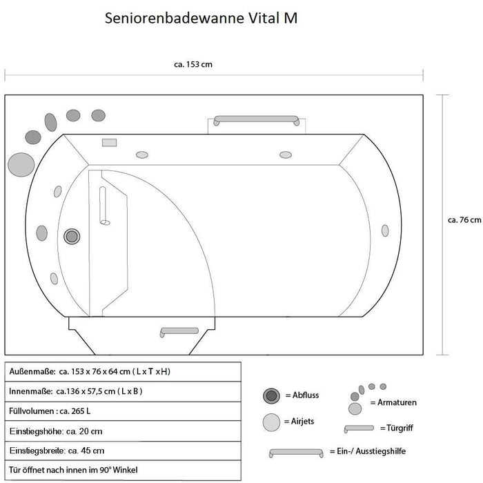 Baignoire senior avec porte de massage porte et adhérence auto-suffisante m (à gauche) - 153x76x64cm