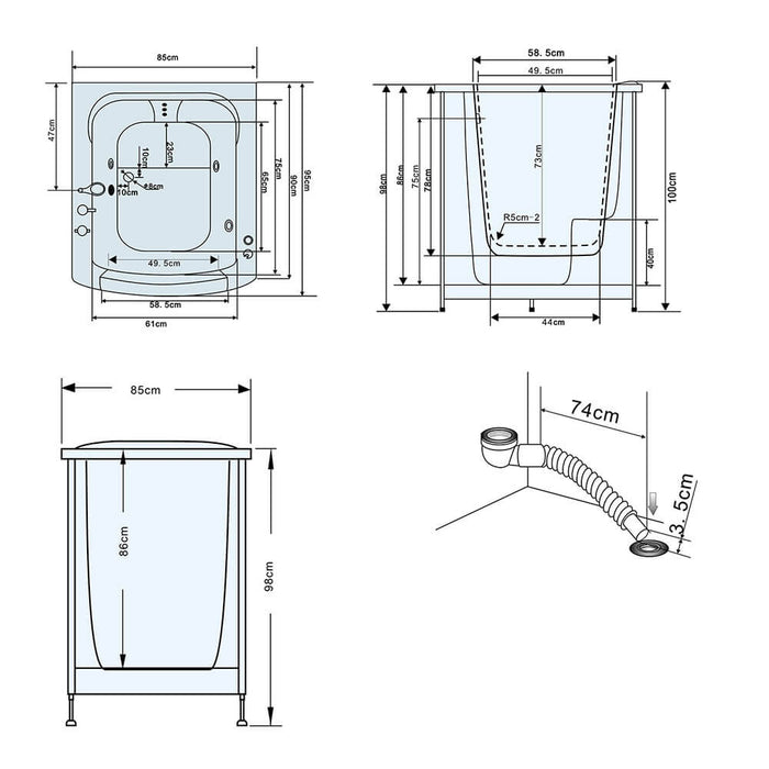 Baignoire senior baignoire avec tourbillon de porte et jets de massage auto-suffisamment l - 85x95x100cm