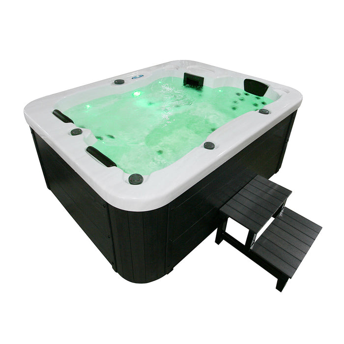 Whirlpool White Pearl extérieur, 27 jets de massage, éclairage, escaliers et couverture thermique, 3 personnes