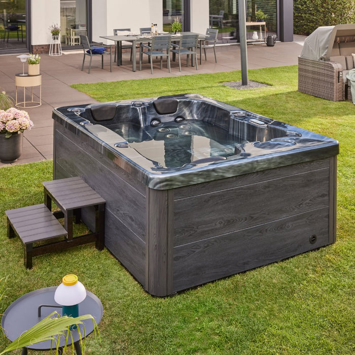 Whirlpool Black Pearl en plein air, 27 jets de massage, éclairage, escaliers et couverture thermique, 3 personnes