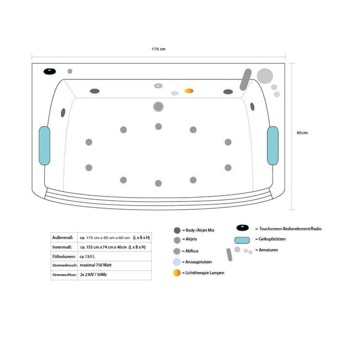 Whirlpool bathtub with LED light therapy Nautica M - 175x85cm